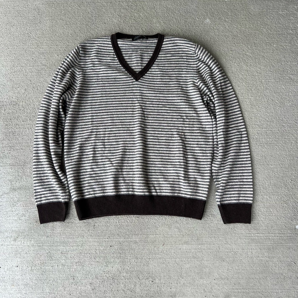 Jhane Barnes Men's V-Neck Sweater Gray Brown Stripe 50% Cashmere Silk Blend L